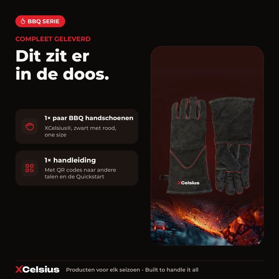 Gants de barbecue XCelsius® en cuir refendu – Certifiés TÜV EN407 – Gants de barbecue et de four résistants à la chaleur – Pour kamado, fonte, grilles et déflecteurs de chaleur – Cadeaux pour hommes – 1 paire – Noir et rouge