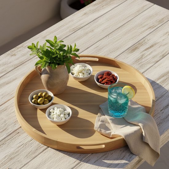 Plateau AXI Dewi en teck Ø 60 cm – Plateau rond – Teck – Pour verres et décoration de table – Pour l'intérieur et l'extérieur