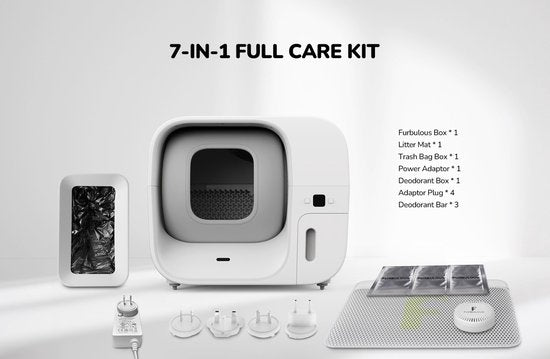 Litière automatique Furbulous avec contrôle via application, grande litière sécurisée de 60 L pour plusieurs chats avec système anti-odeurs, blanche - Litière 2,4 GHz avec fonction « Pack & Seal », autonettoyante et rechargeable, grande capacité, applicat