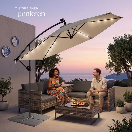 tectake® Parasol suspendu avec pied - 3,5 x 3,5 m - Parasol de jardin avec éclairage LED à énergie solaire - Orientable - Polyester hydrofuge avec protection UV - Housse incluse - Beige