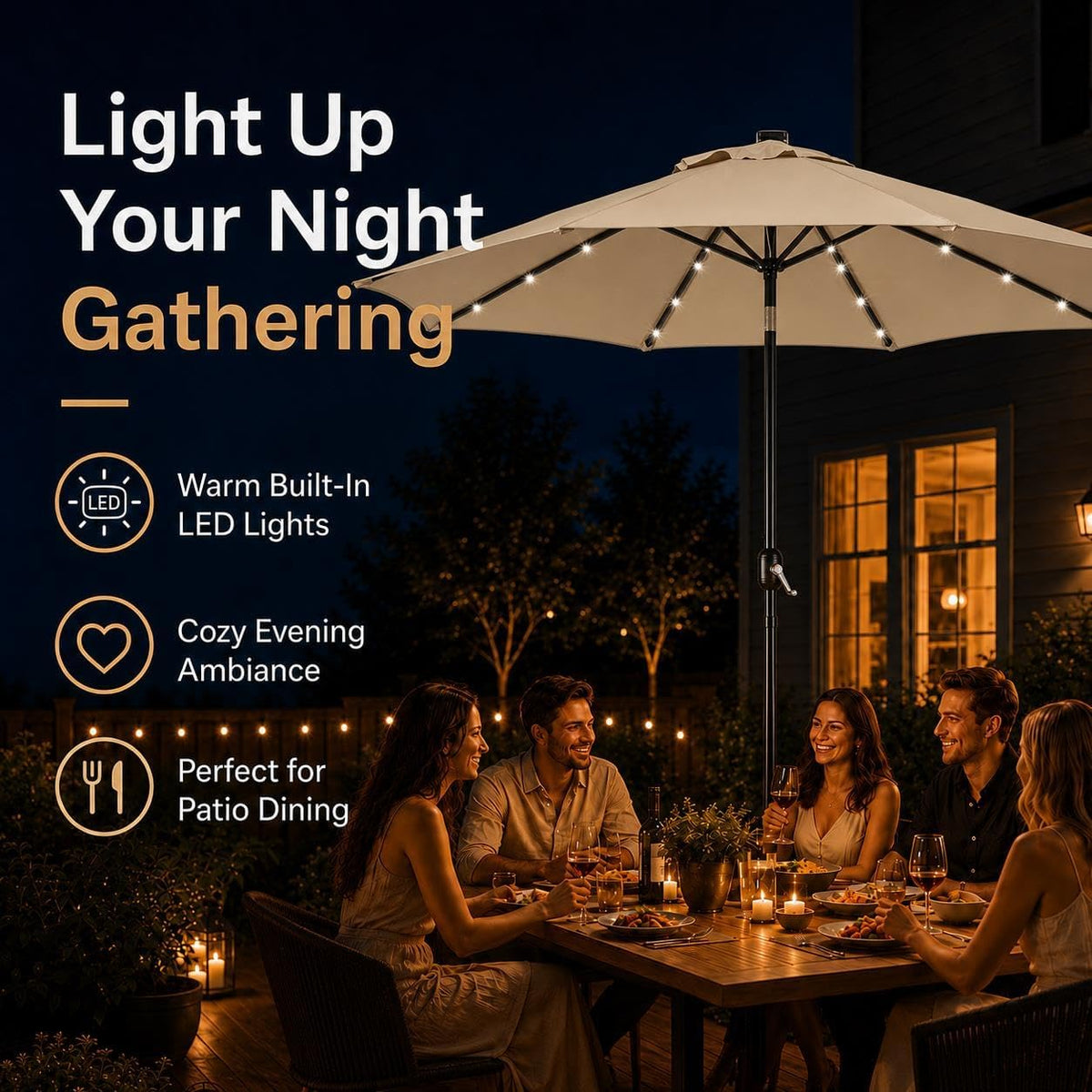 Parasol Yaheetech avec éclairage solaire - 32 LED - Ø 9 ft - couleur Tan