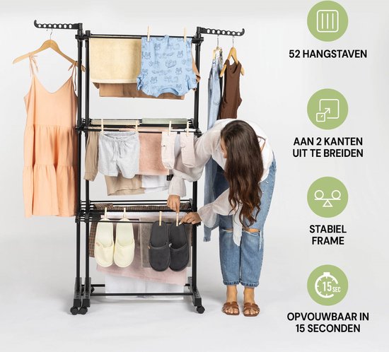 Vitapur Clothes Rack Collapsible - Drying Rack - Clothes Rack Collapsible - Drying Tower on Wheels - Clothes Rack Collapsible - Mobile - Black
