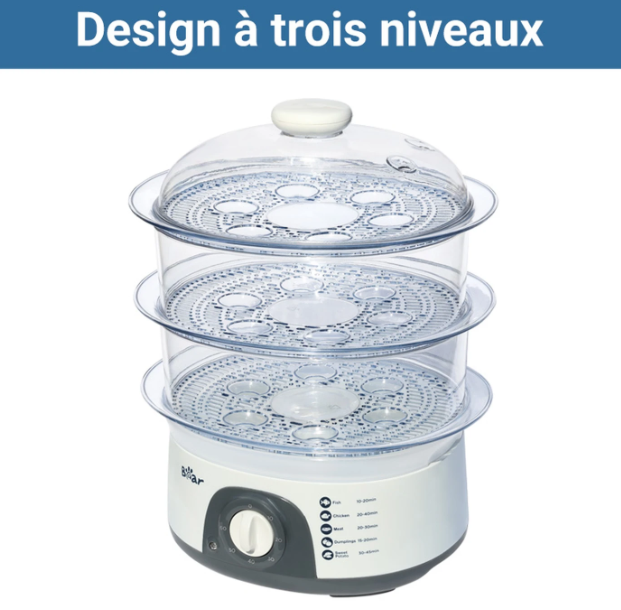 Cuiseur vapeur électrique Bear DZG-304 à 3 niveaux - 29,5 x 25,5 x 37,5 cm - 10 L