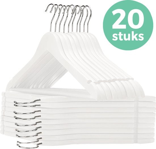 LifeGoods Cintres - Avec barre de pantalon - Bois dur - Blanc - 20 pièces