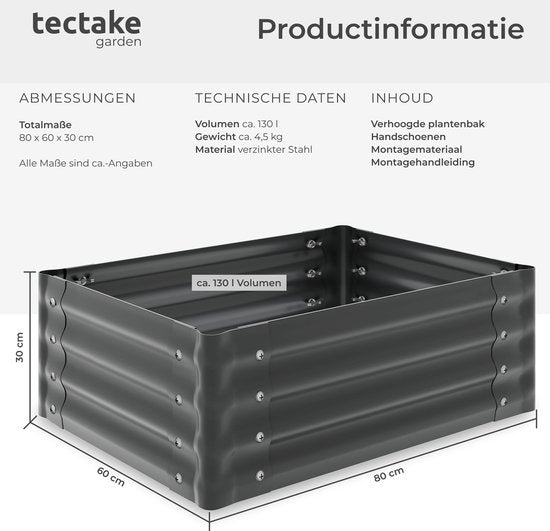 Jardinière surélevée tectake® - 80 x 60 x 30 cm - 130 L - Jardinières d'extérieur - Bac de culture - Bac potager - Acier galvanisé - Fond ouvert - Jardin d'herbes aromatiques - Bac de jardin - Ergonomique
