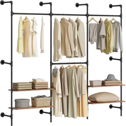 Portemanteau mural SoBuy avec 4 tringles et 4 étagères en MDF, penderie ouverte, capacité de charge de 120 kg pour chambre à coucher, 265 x 48 x 220 cm, noir industriel KLS19-SCH