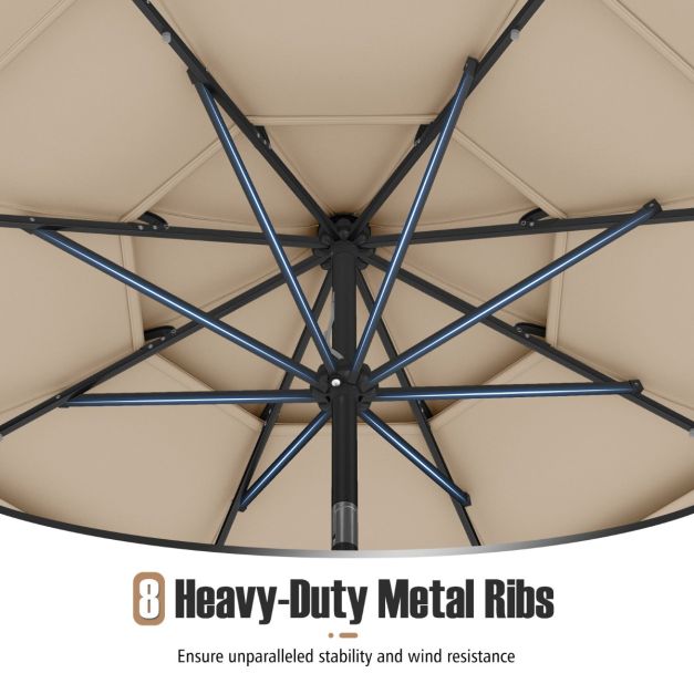 Parasol de terrasse Coast à 3 couches, Ø 313 cm - Éclairage LED solaire - Inclinable - Commande à manivelle - Beige