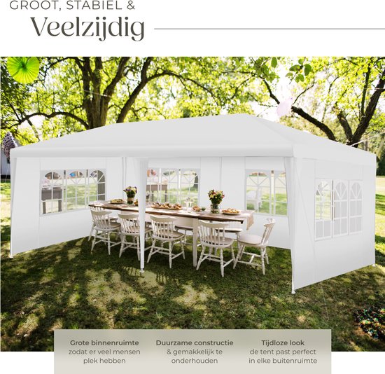 tectake® Pavillon Novara - Tente de réception 3x6 m - Bâche imperméable avec 5 panneaux latéraux amovibles - Pavillon de jardin résistant aux intempéries - Lignes de tension et piquets inclus - blanc