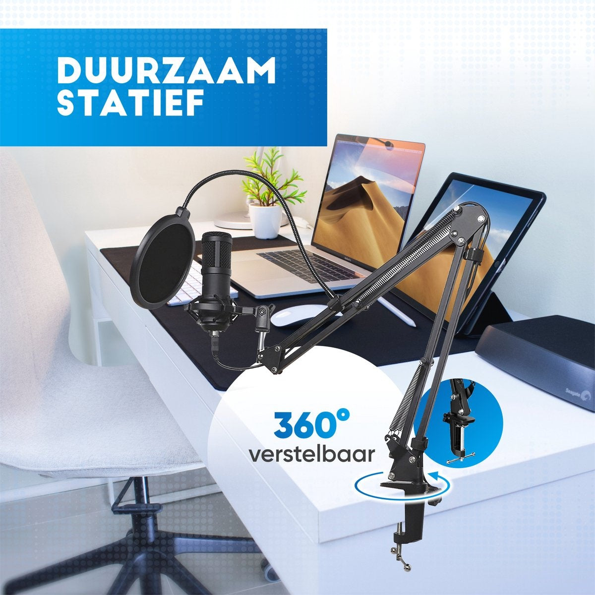 Microphone à condensateur avec bras - Gaming - Cardioïde - Microphone pour PC - USB - Avec support - Plop Cap - Filtre de bruit - Laptop - Streaming