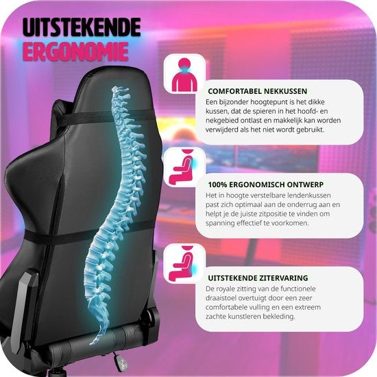 tectake® - bureaustoel gamingchair - luxe burostoel kantoorstoel - racingstoel burostoel gamestoel - zwart - kunstleer - verstelbaar - incl. rug- en nekkussen