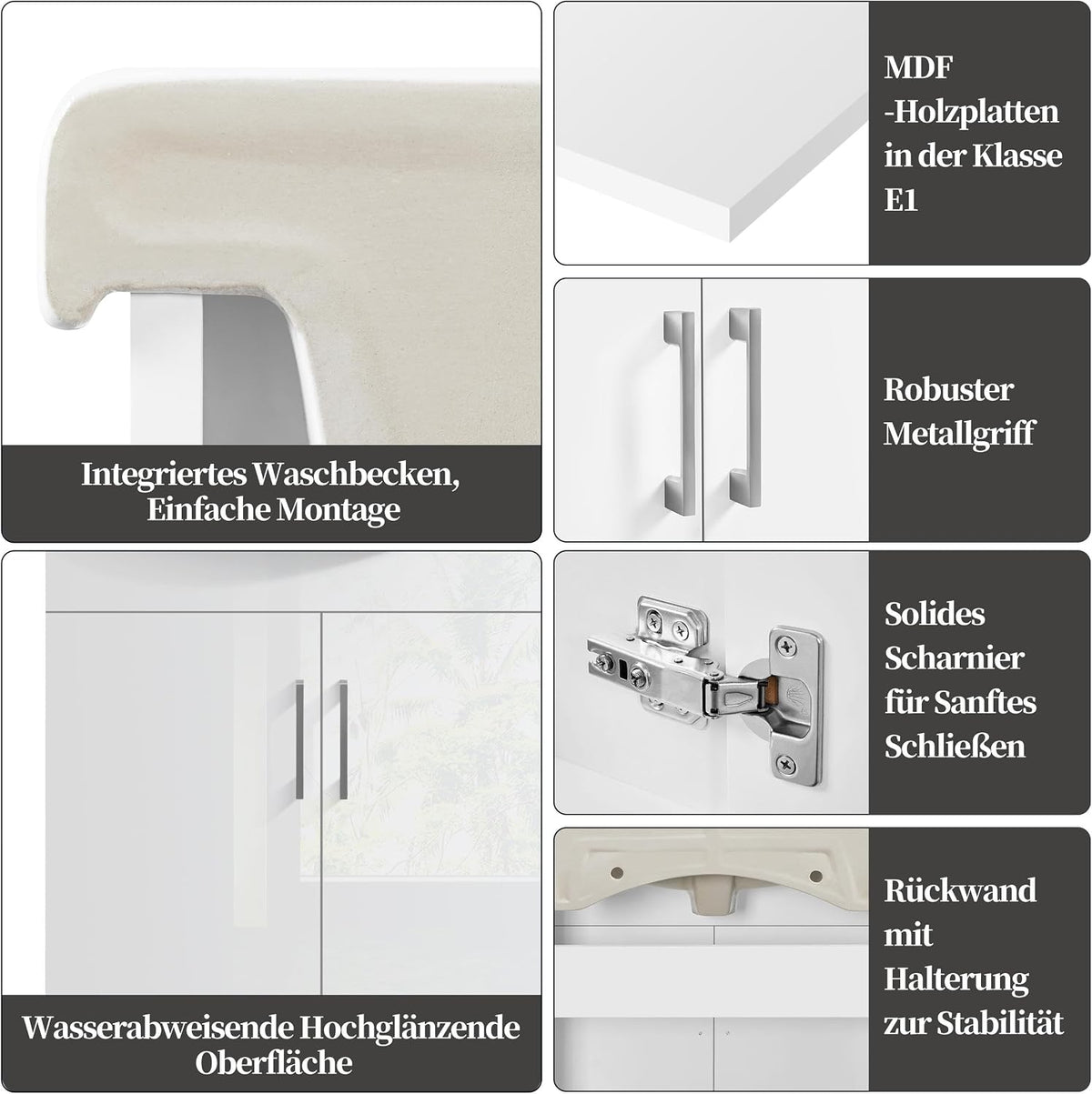 Meuble de salle de bains Yaheetech avec lavabo - Blanc brillant - 61 x 43,5 x 84 cm - Meuble indépendant, lavabo en céramique