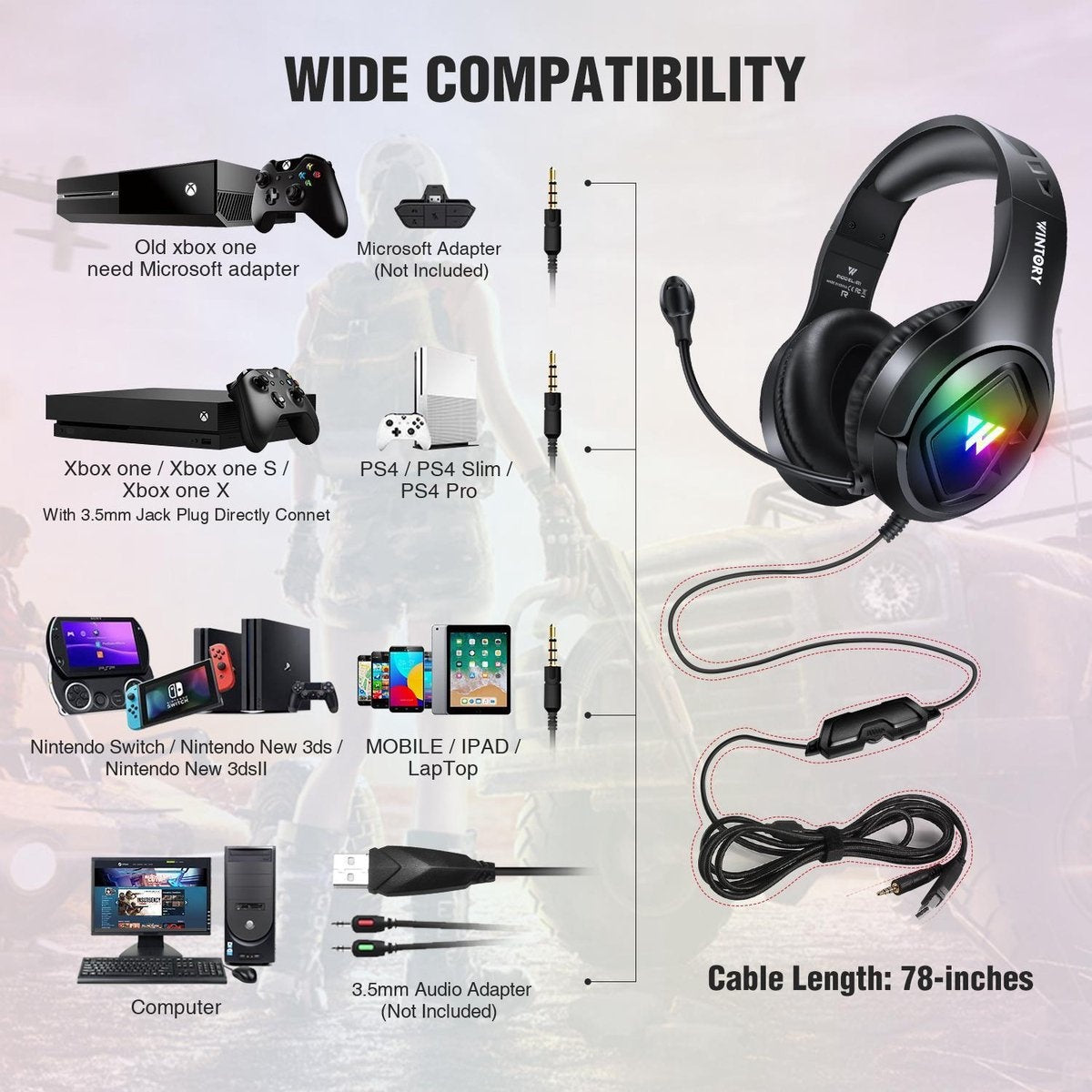 Casque de jeu WINTORY M1 RGB - PS4, Xbox One et ordinateurs portables - Noir