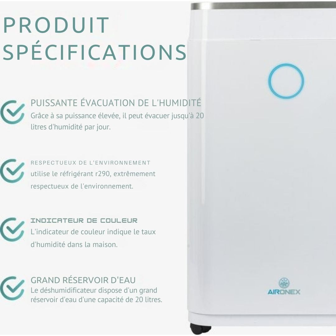 Déshumidificateur et purificateur d'air Aironex - Capacité de 20 l et fonction Lavage-Séchage - Extrêmement silencieux avec affichage LED - Pour le salon et la chambre - Plastique blanc