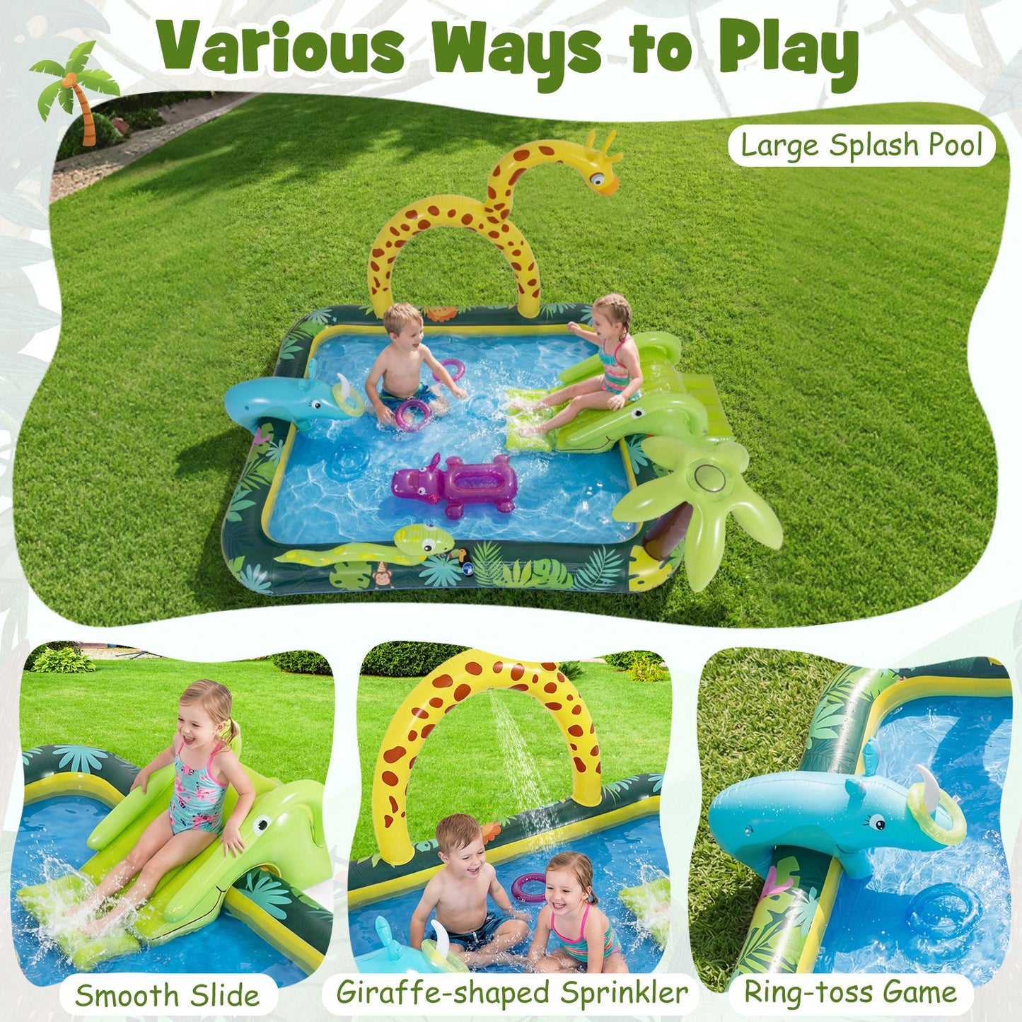 Piscine gonflable Coast « Animaux de la jungle » avec toboggan et arroseur - Jeu de lancer d'anneaux et centre de jeux aquatiques pour enfants - 208 x 178 x 138 cm - Multicolore
