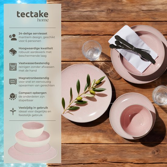 tectake® Service de table Mare - 24 pièces - Grès à émail brillant - Pour 6 personnes - Service de table fait main - Service de table moderne comprenant des grandes et petites assiettes, des bols et des petits plats - Lavable au lave-vaisselle et utilisab