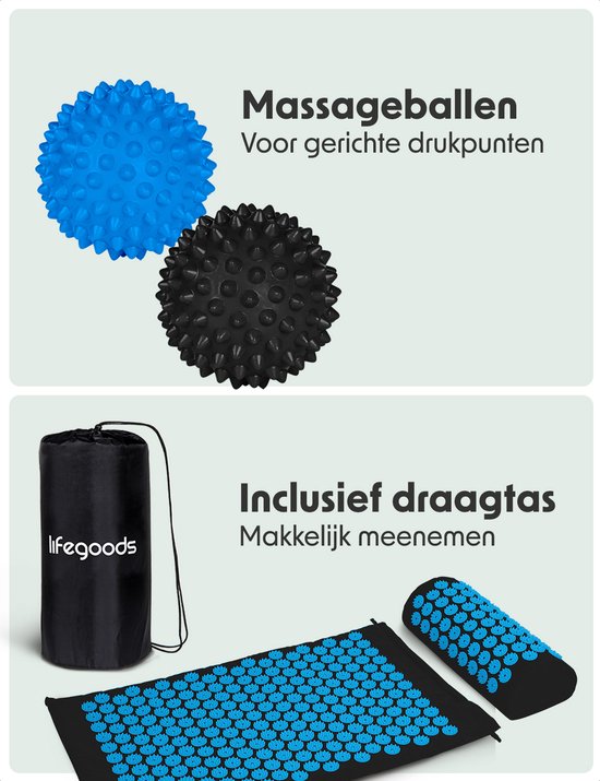 Tapis d'acupression avec coussin - LifeGoods - Tapis Shakti - Tapis avec 2 balles pour les points de déclenchement - 66x40x2cm - Noir/Turquoise