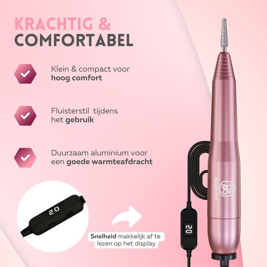 Beeperfect® Lime à ongles électrique - Routeur d'ongles - Ensemble manucure et pédicure - 12 embouts et 60 rouleaux de ponçage - 4 accessoires supplémentaires - Rose
