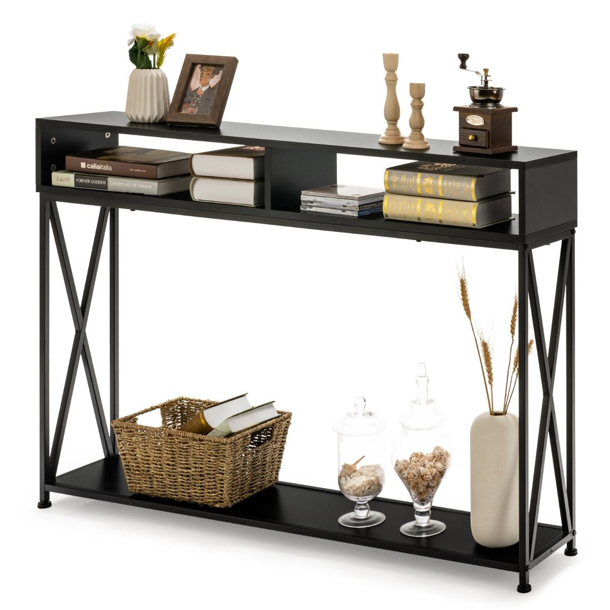 Table console Coast - 2 compartiments de rangement 1 étagère ouverte - 120 x 23 x 79 cm - Noir - Acier+bois