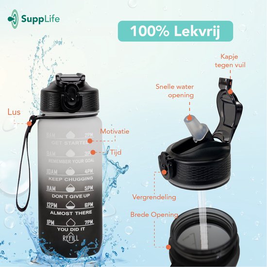 Gourde motivante Supplife - Gourde de 600 ml - Gourde avec repères horaires - Avec paille - Adultes - Enfants - Blanc et noir