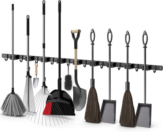 Porte-balais Volcan - Système de suspension pour balais et outils de jardin - 9 supports, 10 crochets - Ruban adhésif 3M - Porte-outils - Acier inoxydable noir