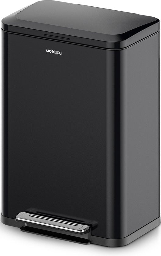 Deleca Trashcan Prestige - 50 Litres - Large - Poubelle / Corbeille à papier / Poubelle à pédale en acier inoxydable - Avec pédale et fermeture lente - Noir mat