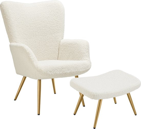 tectake® Fauteuil de style scandinave - Avec pouf - Teddy chair Hygge - Chaise pour le salon, la chambre - Chaise longue - Pieds en métal doré - Capacité jusqu'à 150 kg - Crème