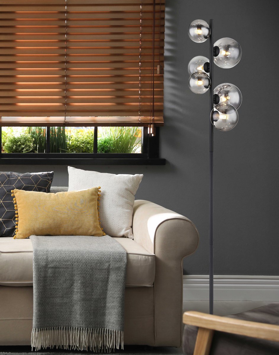 Globo Riha Lampadaire - Métal noir avec verre fumé - 155 cm - 6xG9 LED