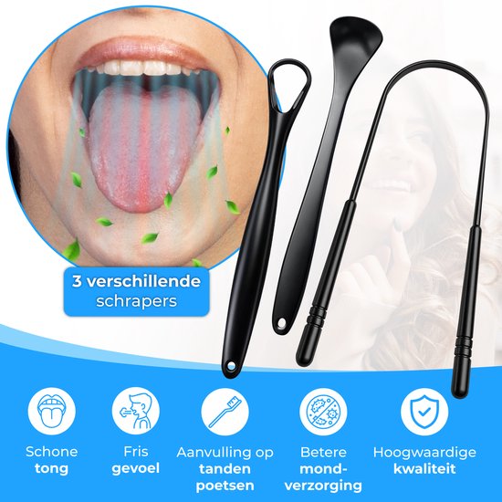 Grattoir à langue professionnel Nuvance - Kit 3 en 1 - pour l'hygiène bucco-dentaire - Nettoyeur de langue - Grattoir à langue - Tongue Scraper - Acier inoxydable - Noir