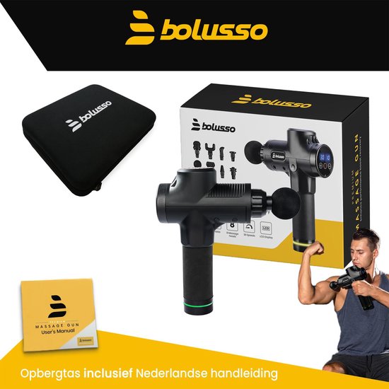 Bolusso Premium Massage Gun - Massage sportif et relaxant - Appareil de massage - 8 embouts - 30 modes - Professionnel - E-book gratuit