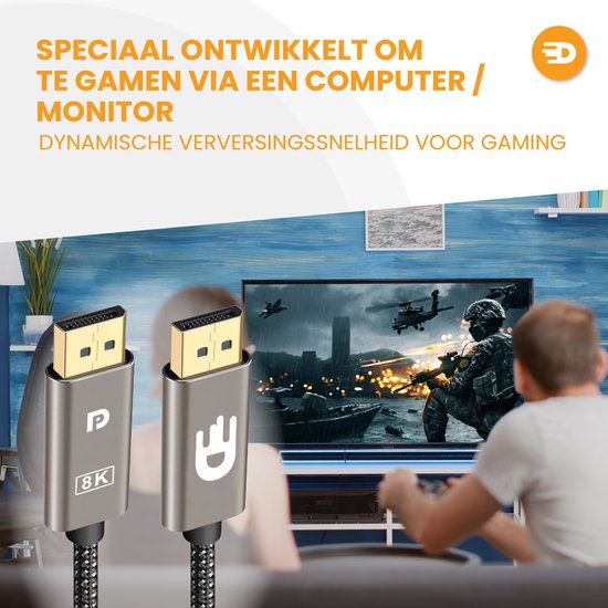 Drivv. Câble Displayport - 8K 60Hz - 4K 144 Hz - 32.4GBps - Displayport 1.4 - Câble DP - 2 mètres - Gris moderne