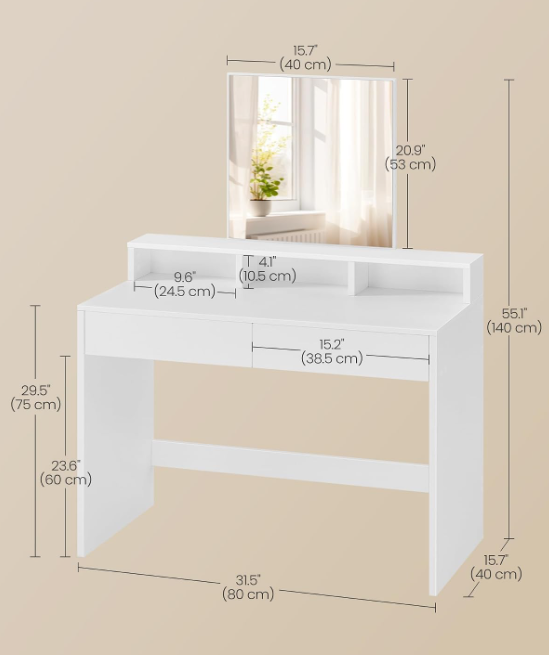 Table de coiffure VASAGLE avec miroir – 2 tiroirs et 3 compartiments – Blanche – 40 x 80 x 140 cm