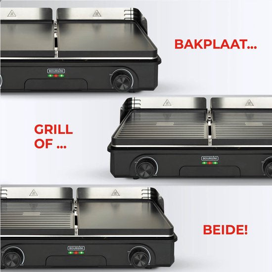 Bourgini Plancha Pure pour 8 - Revêtement céramique (sans PFAS) - Électrique - Gril sain - Plaque de cuisson - Plaque grill - Plaque tournante striée et plate