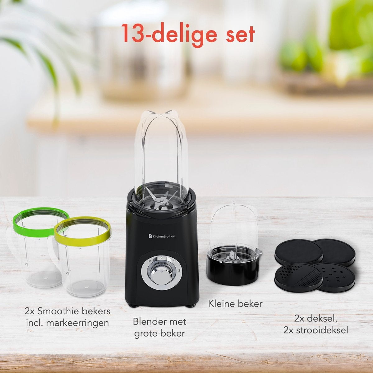 Blender - KitchenBrothers - 2-en-1 - 350 W - 4 tasses 600 ml/300 ml - Smoothie - Mini Blender - Noir