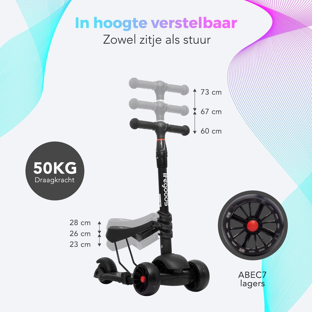 LifeGoods MultiRider Kids Scooter - Step 3-8 Years - Siège ajustable - Luminous Wheels - Boys/Girls - Black