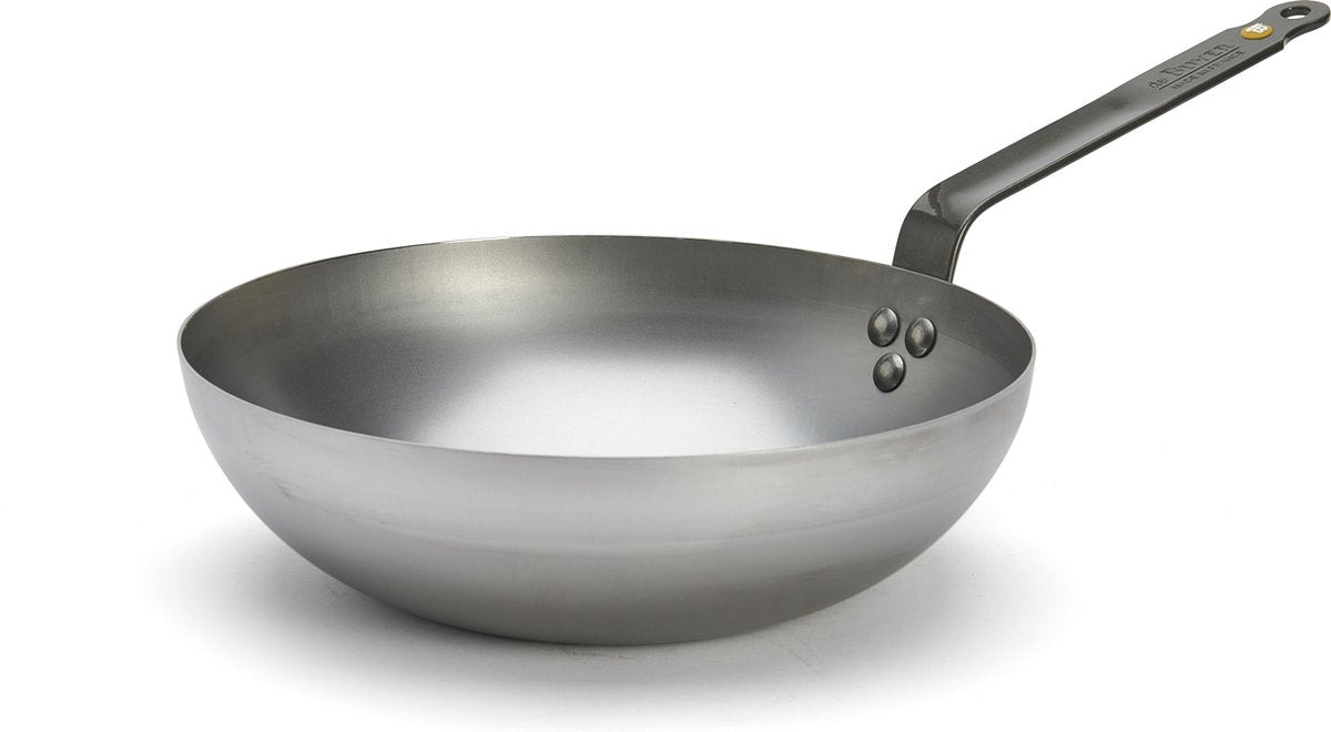De Buyer Wok - Tôle d'acier - Ø 28 cm - Fond large - Gris - Sans PFAS - Convient à l'induction