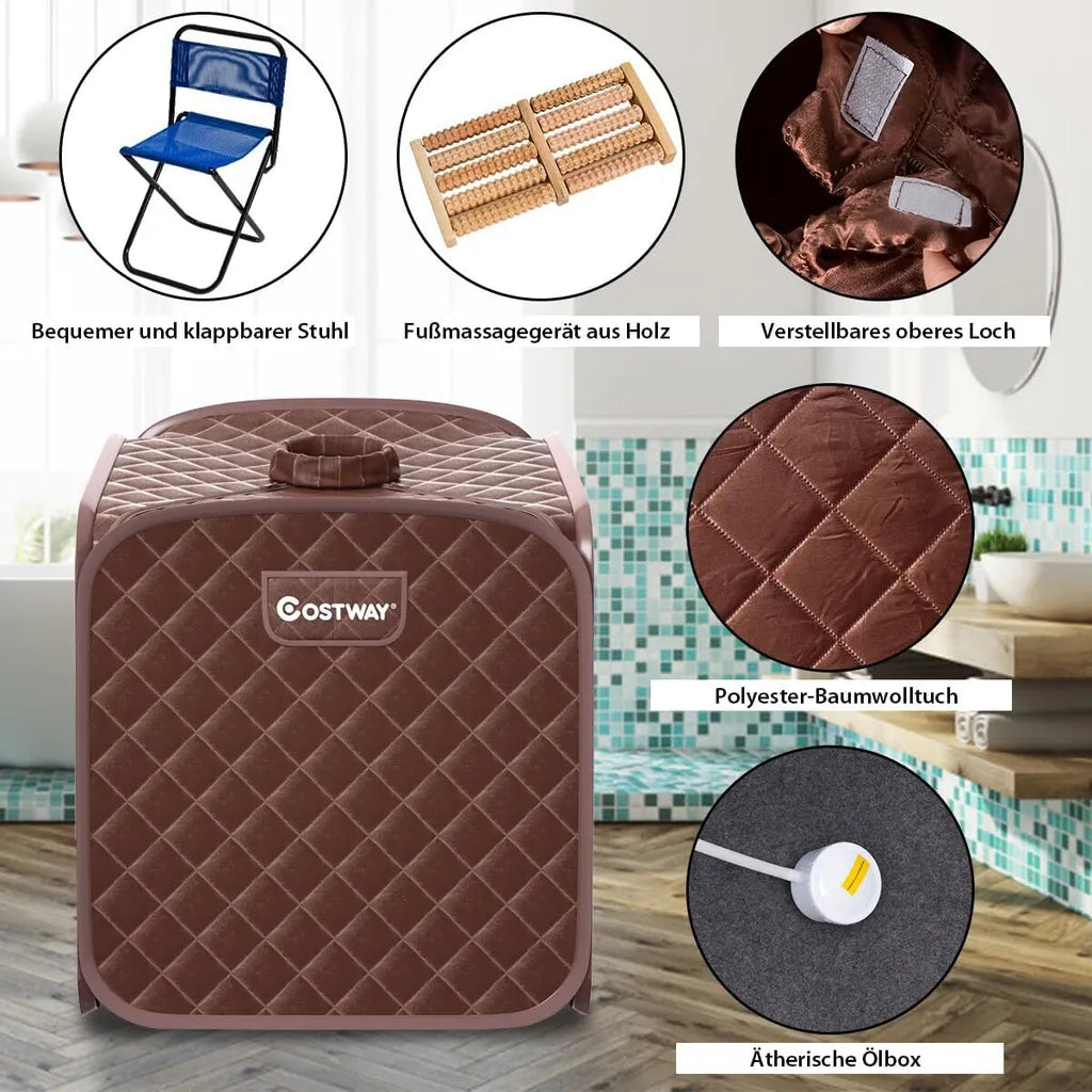 Sauna à vapeur Coast Mini 2 litres - Sauna d'intérieur pliable avec télécommande, minuterie, 9 réglages de température et siège - Marron