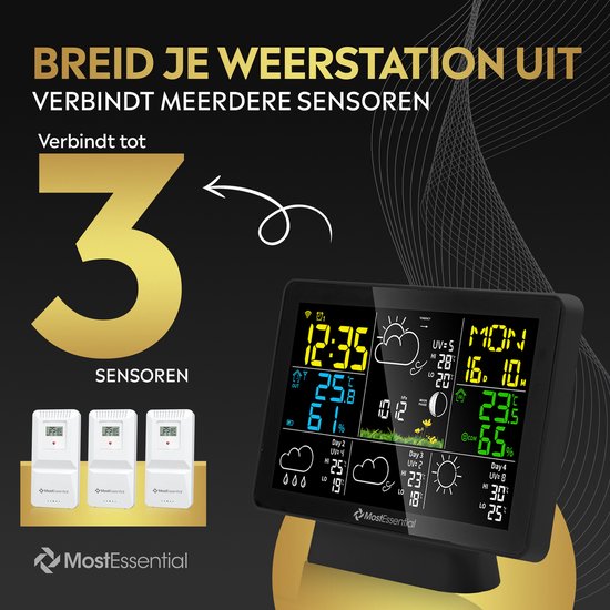 MostEssential Station Météo Wifi Edition - Station météo sans fil avec capteur extérieur - Hygromètre - Intérieur et extérieur - Portée de 150 mètres - Application incluse - Noir - 2 capteurs