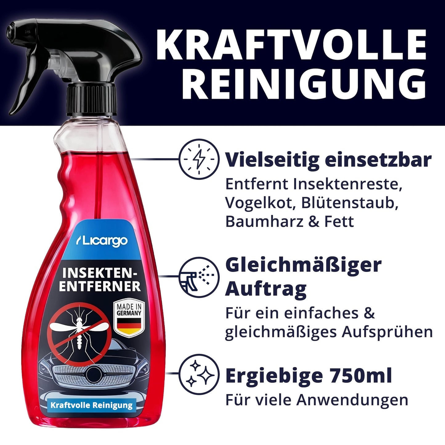 Licargo - produit anti-insectes - nettoyage et entretien automobile - 750 ml - pour vitres et peinture - pour voiture et caravane