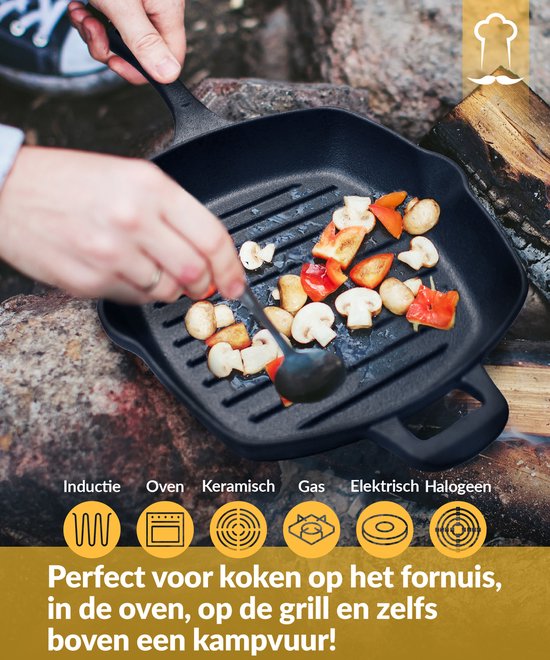 Poêle à griller en fonte Chefarone – 25,5 cm – Compatible induction, gaz, four et barbecue – Poêle à griller carrée à rainures – Sillons de cuisson parfaits et répartition optimale de la chaleur – Poêle avec poignée