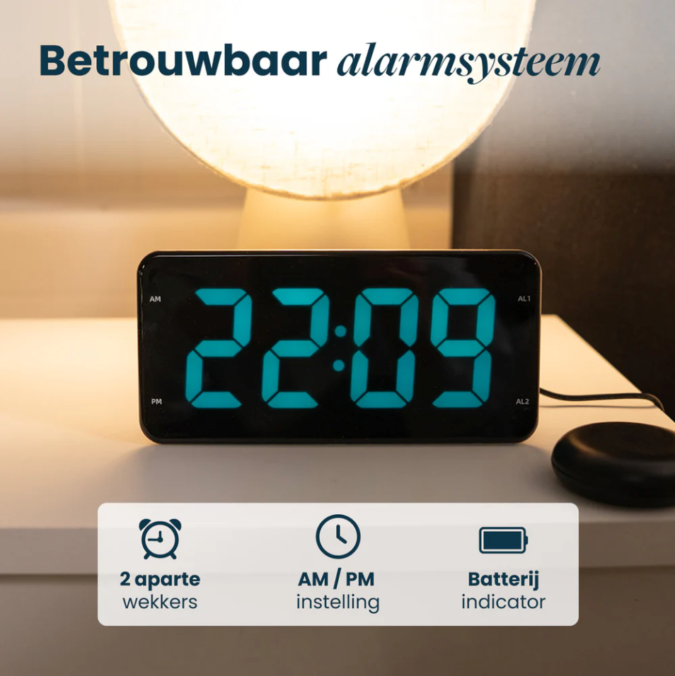 Réveil DreamCare Pulse avec fonction vibration et vibreur de lit – Doté d'un écran entièrement réglable en luminosité, d'une double alarme et d'une fonction snooze – Pour les gros dormeurs et les malentendants – Plastique noir – Câble de 180 cm