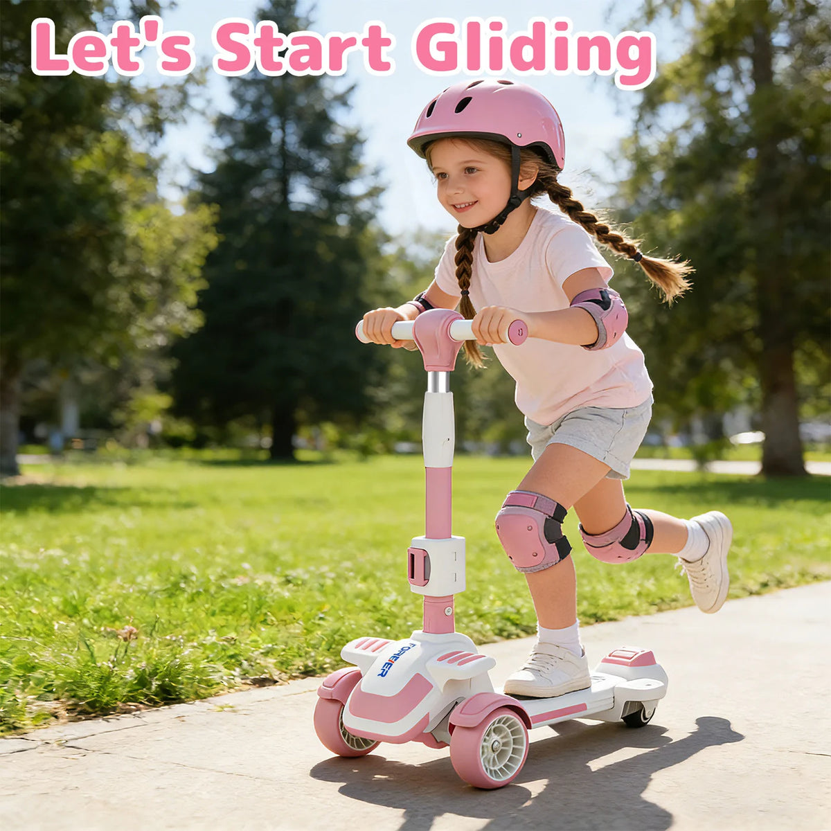 Trottinette pour enfants Neuleb à 4 roues - Siège pivotant - Réglable - Rose - De 3 à 8 ans