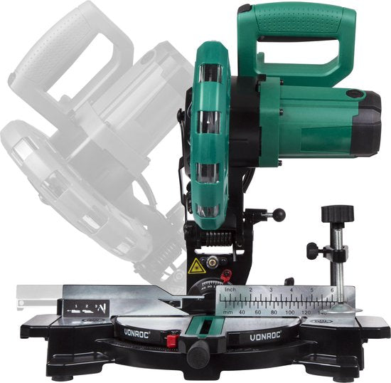 VONROC Tronçonneuse - Scie à onglet - 1700W - Ø216MM - 4900 /min - Avec laser, rallonges de table et réglage de la profondeur - Lame de scie et serre-pièce inclus