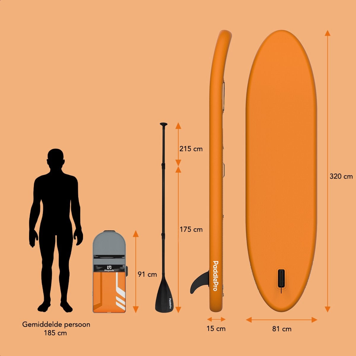 LifeGoods SUP Board - Deluxe Set - avec siège - Planche à pagaie gonflable - Max. 135KG - 320x81cm - Orange