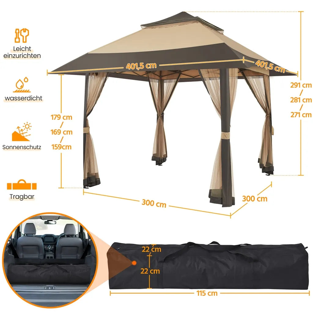 Yaheetech Party Tent - 4 x 4 m - pliable - pavillon de jardin - parois en filet - réglable - 271-291 cm - kaki/brun