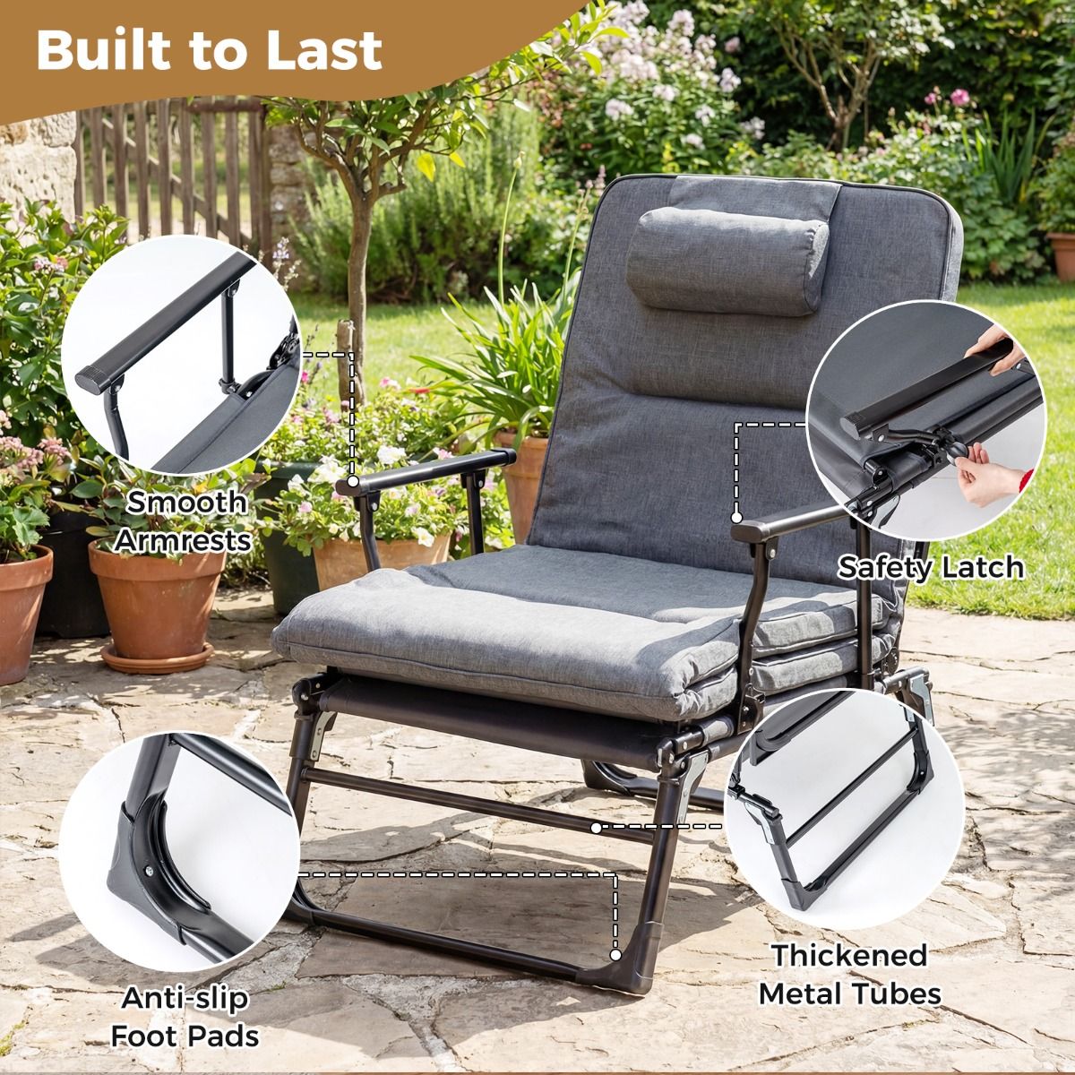 Lit de camping Coast 3-en-1 : lit de camp et chaise longue pliables - 6 positions - Gris et noir