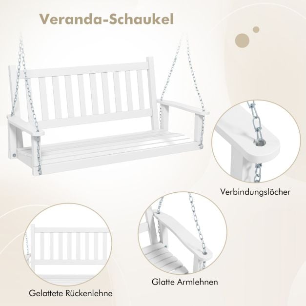 Banc suspendu Coast 3 places en bois – Balançoire de style hollywoodien en bois de peuplier massif avec chaînes réglables – jusqu'à 360 kg – Blanc