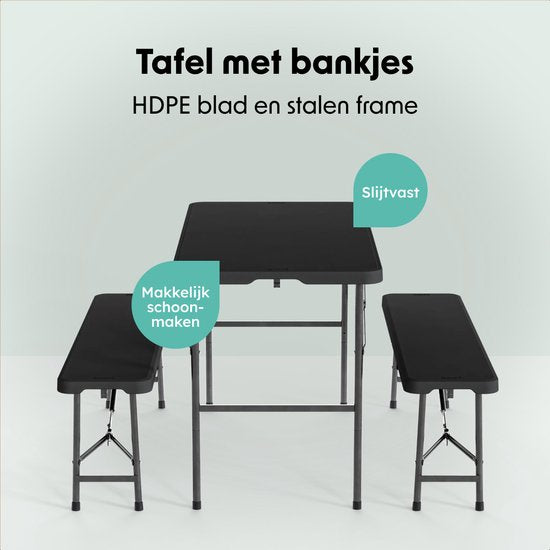 LifeGoods Set de pique-nique pliable - 124cm x 61.5cm - Table de jardin avec 2 bancs - Résistant aux intempéries - Table de camping - Table de bière pliable - Pour l'intérieur et l'extérieur - Pour 4 à 6 personnes - Noir
