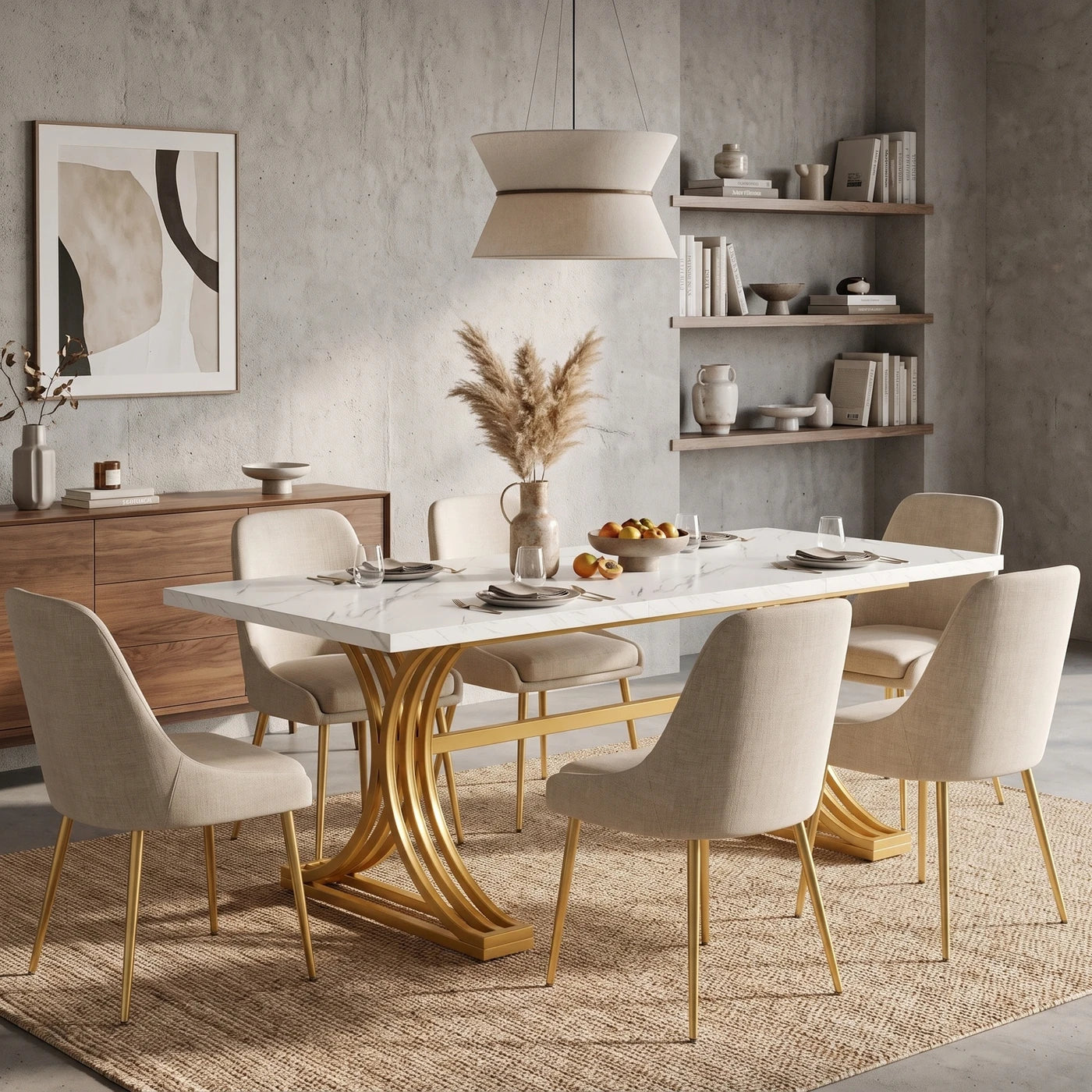 Table de réunion Lantine 160 x 80 cm - Pour 4 à 6 personnes - Marbre synthétique blanc et doré - Pieds métalliques modernes