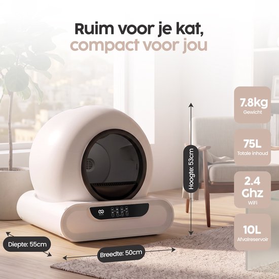 Bac à litière automatique Infinity Goods XXL - Bac à litière autonettoyant - Application incluse - 75 L - Avec tapis de bac à litière et 3 rouleaux de sachets de rangement