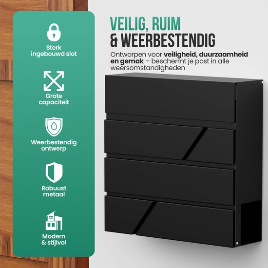 Boîte aux lettres Avalo en acier inoxydable noir avec boîte à journaux et serrure - avec matériel de montage et 2 clés
